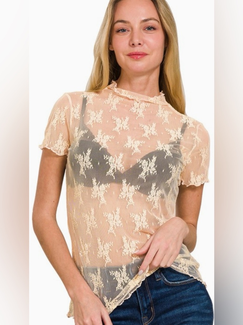Zenana Outfitters Cream Lace Sheer Short Sleeve Top